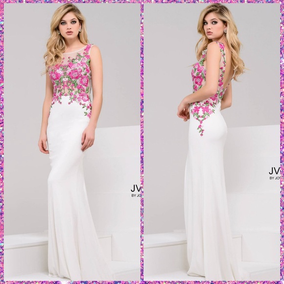 Jovani White and Pink Floral Prom Dress